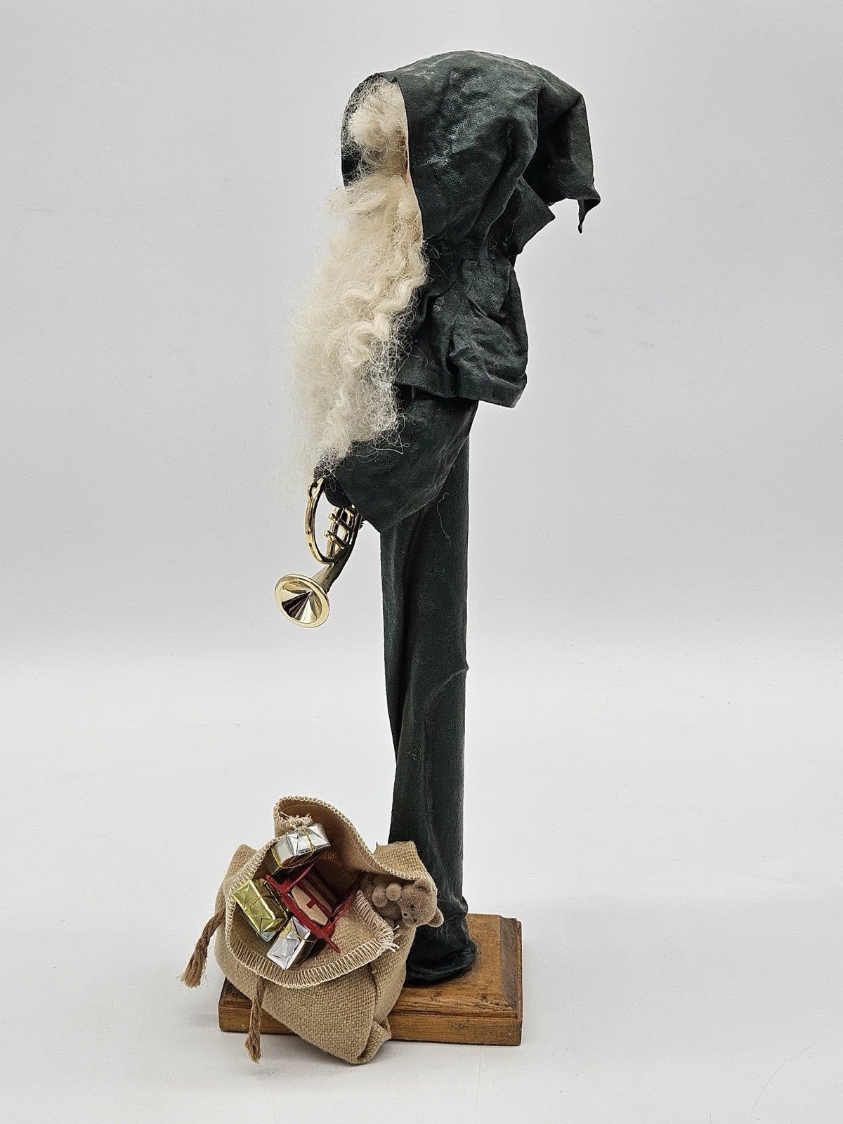 Tall Primitive Santa Claus Figurine w Horn & Gift Sack Folk Art Deco