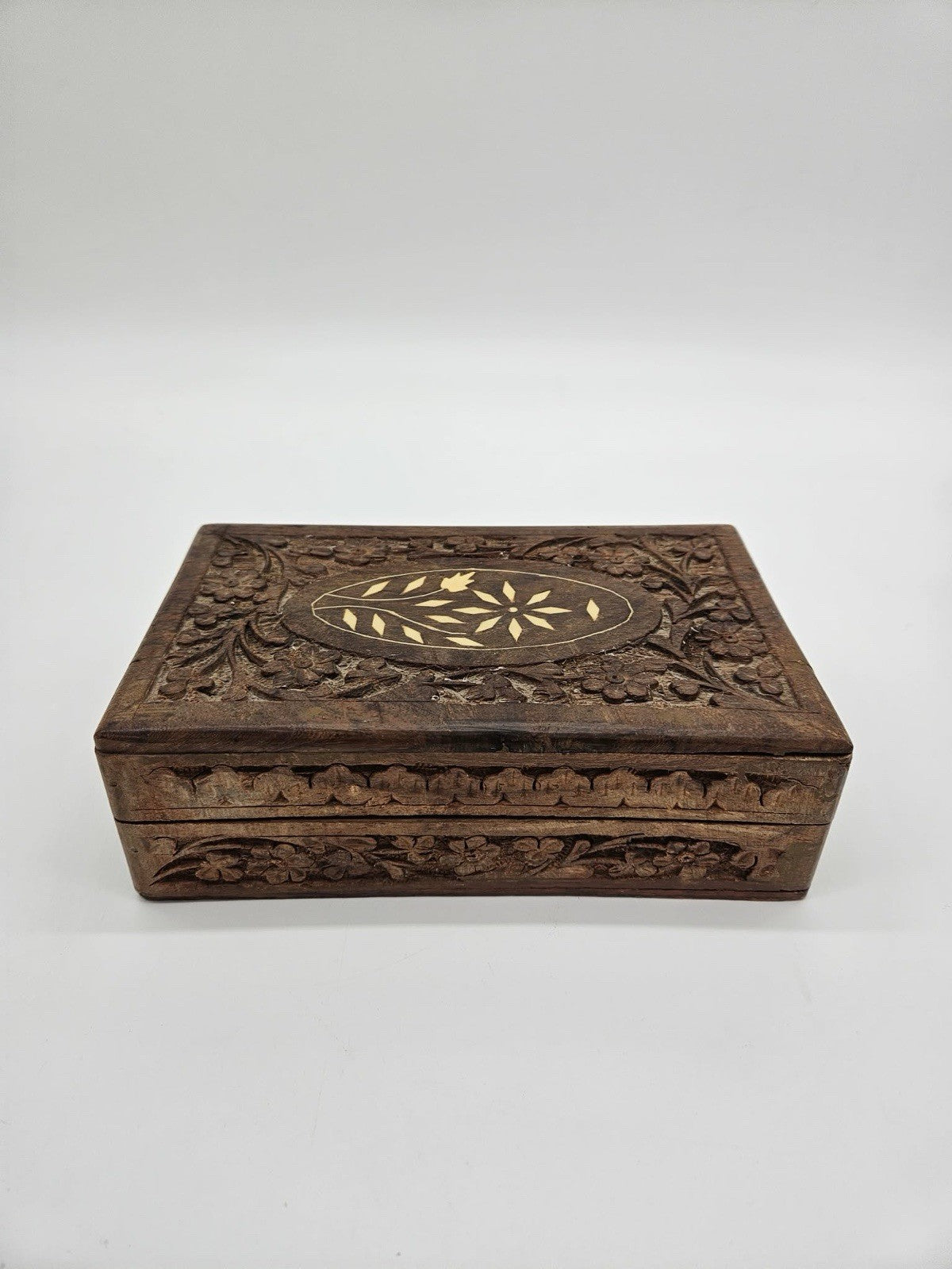 Vintage Solid Hand-carved wooden box With Brass Inlay Design In Center