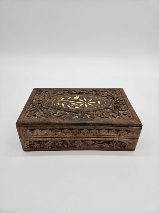 Vintage Solid Hand-carved wooden box With Brass Inlay Design In Center