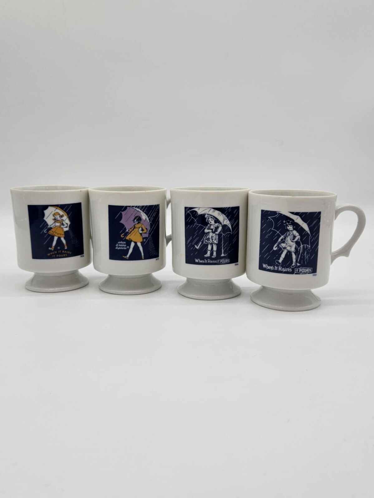 Vintage LOT OF 4 Morton Salt Girl Ad Coffee Pedestal Mugs