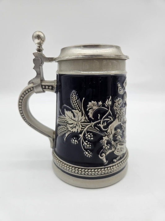 Vtg Gerz Pewter Lidded German Beer Stein Black Hopfen Maiz Gott erhalts Lions 6"