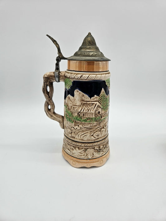 Vintage Austrian Ceramic Handcrafted 9¼" Beer Stein Mug Tankard w/ Lid Music Box