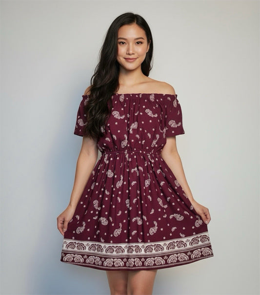 LC Lauren Conrad Dress Womens S Burgundy White Boho Floral Paisley