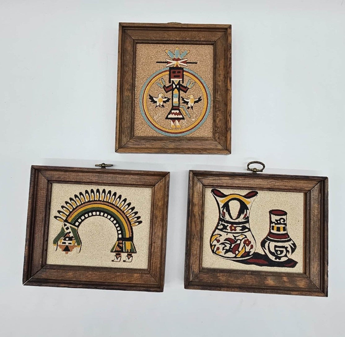 Set of 3 Vintage Rainbow Way Navajo Sand Art Pieces
