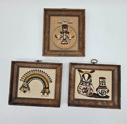 Set of 3 Vintage Rainbow Way Navajo Sand Art Pieces
