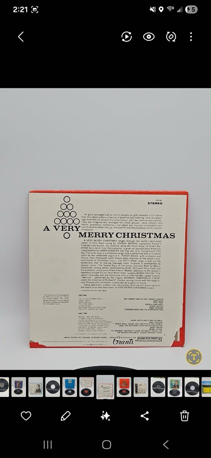 A Very Merry Christmas Johnny Mathis, Jimmy Dean-more CSS-563 33 Vinl Record Lp 