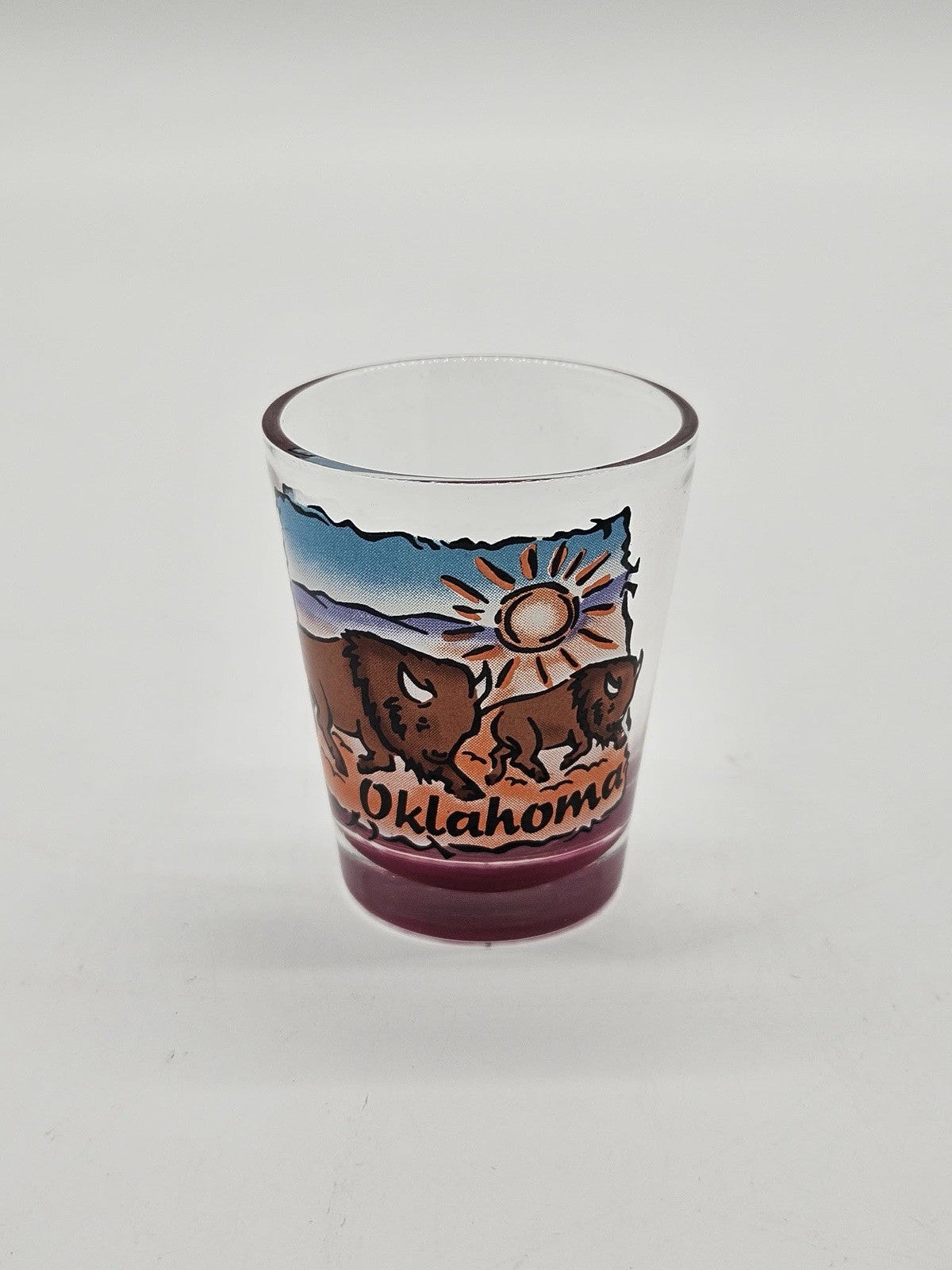Oklahoma Bison Sunset Scenic Souvenir Shot Glass Purple Base