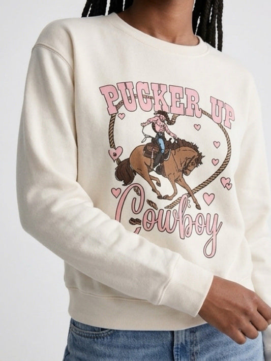 francesca's Cowboy Graphic Pullover Sweatshirt Ivory XS Crew Neck Knit
