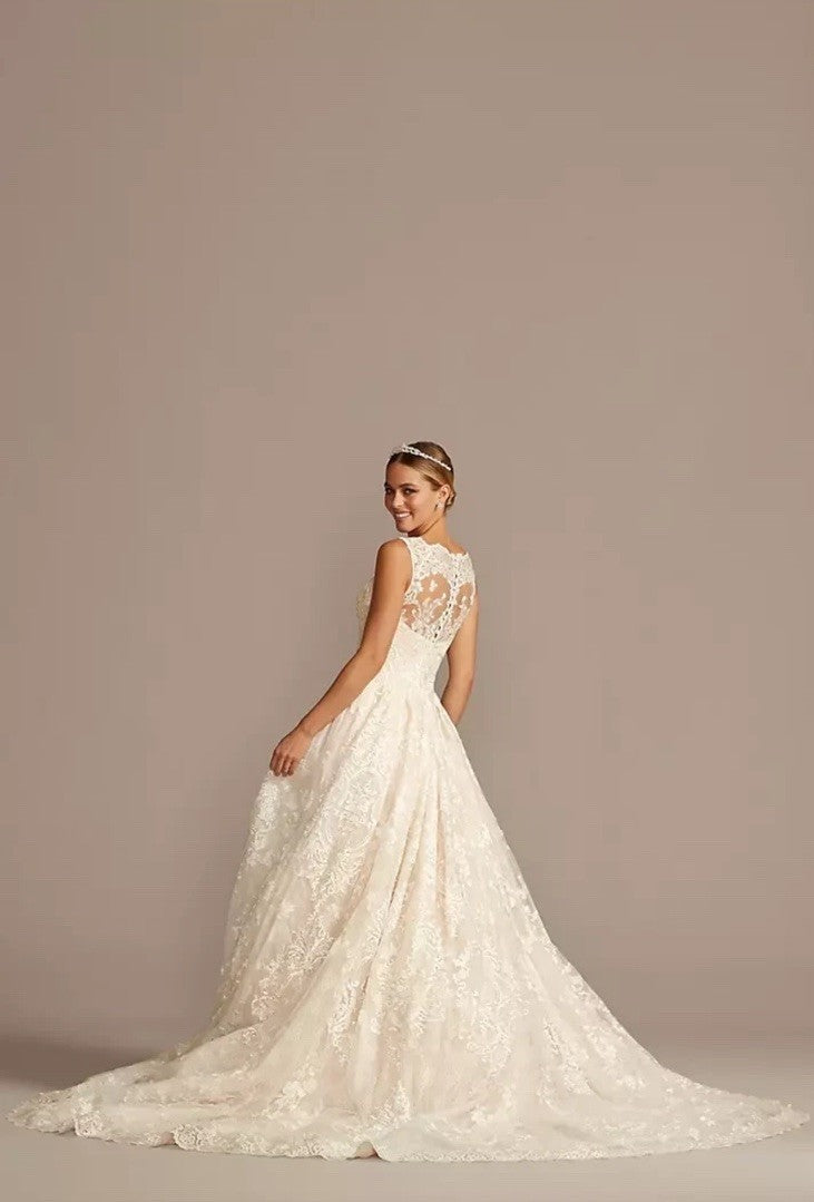 Size 6 - Oleg Cassini - Beaded Lace Wedding Gown - CWG780 - Champagne/Ivory