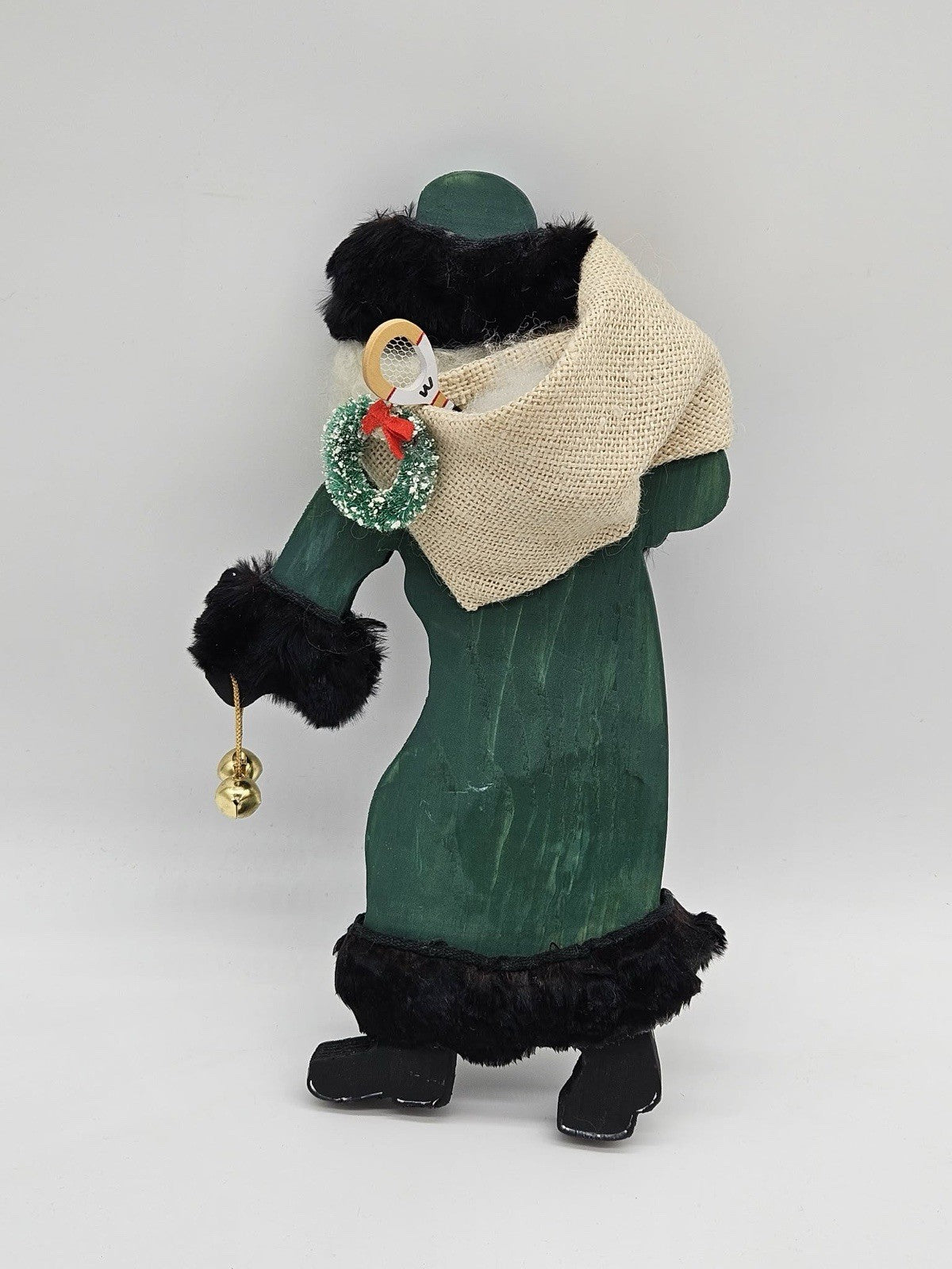 Tall Skinny Santa Figurine Green Coat Faux Fur Trim Bells Rustic Christmas