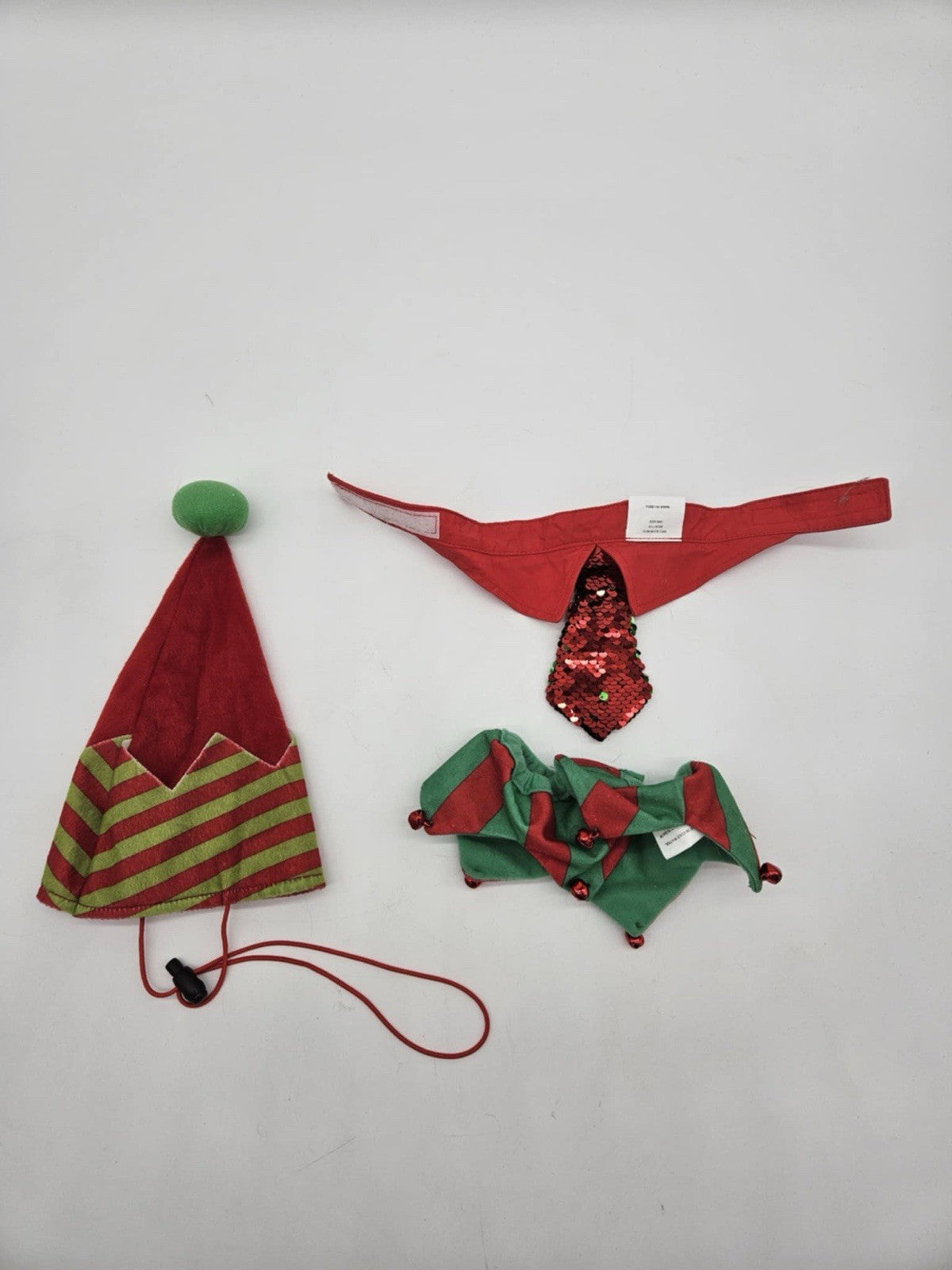 Pets Cat Sm Dog Elf Hat with Bell Neckerchief Scarf & Neck Tie Christmas