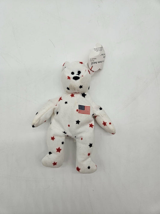 RARE  Glory the Mini Bear Beanie Baby Plush TY White With Red And Blue Stars