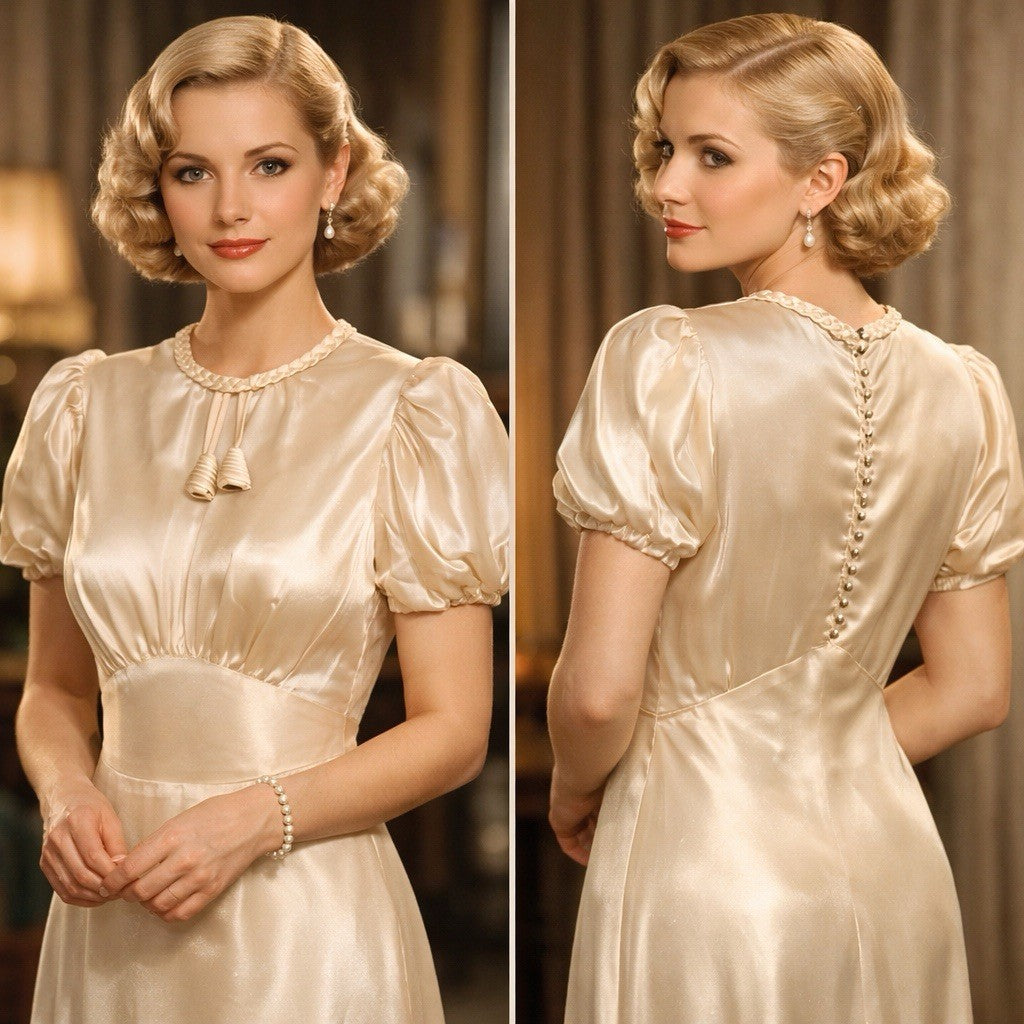 1930s Vintage Ivory Satin Gown w/ Puff Sleeves & Button Back ~ Art Deco Bridal