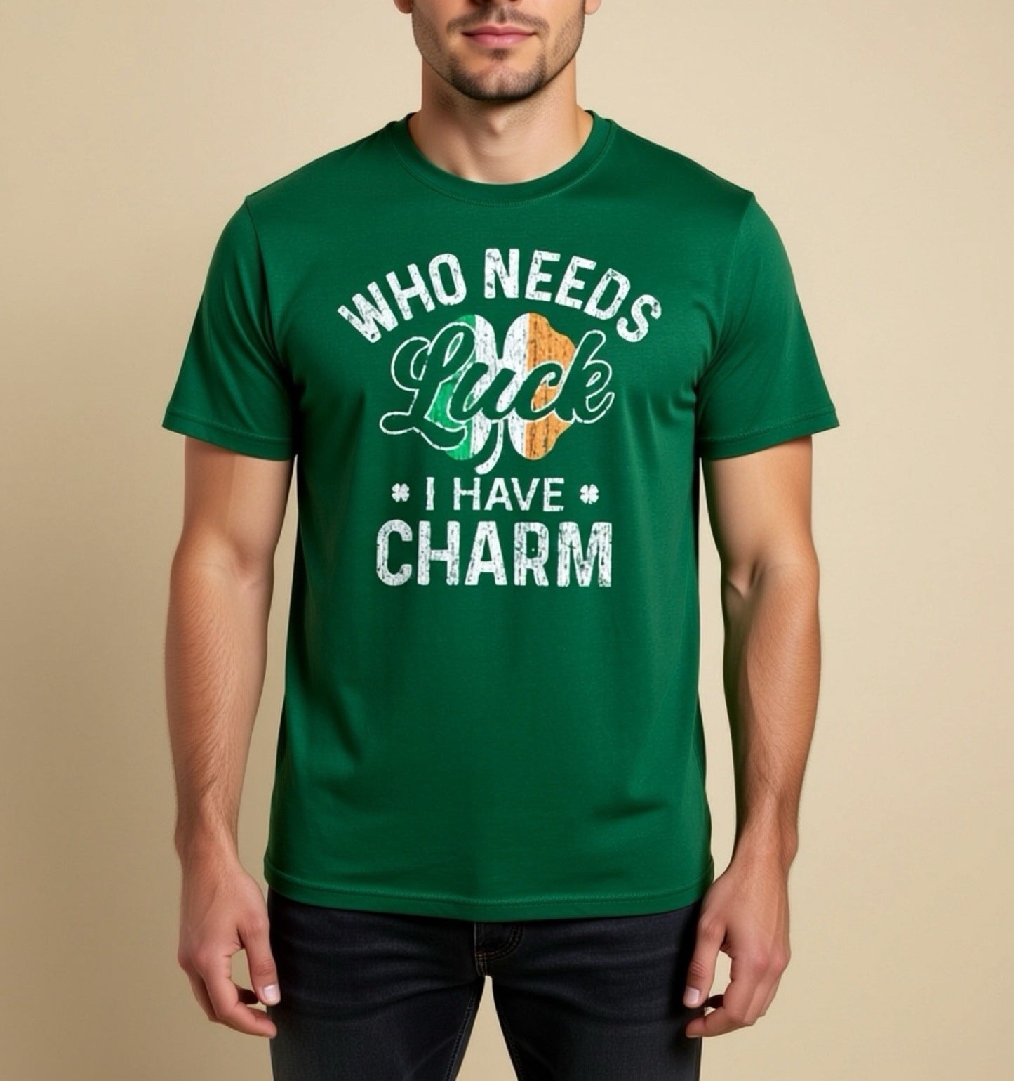 Title: St. Patrick’s Day “Who Needs Luck I Have Charm” Green T-Shirt Size L