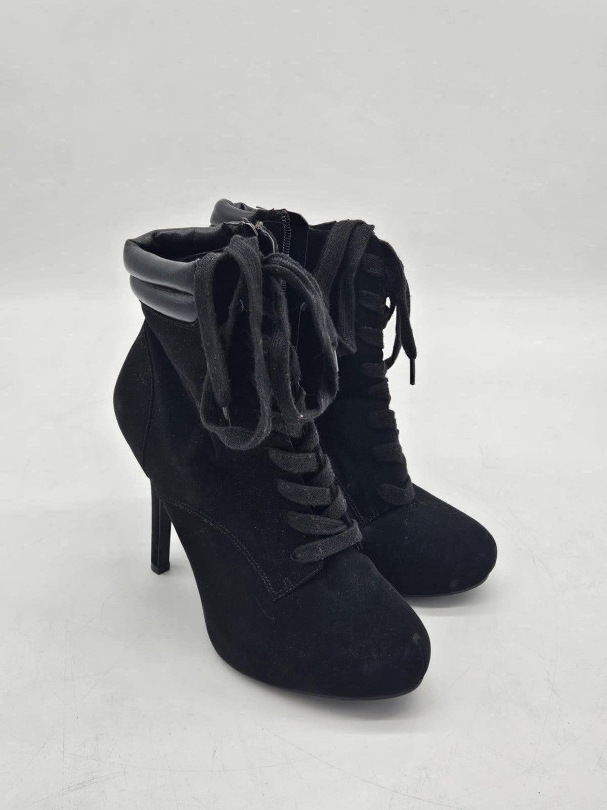 Andiamo High Heel Booties Black Size 9 Faux Suede Zipper Lace up Stiletto