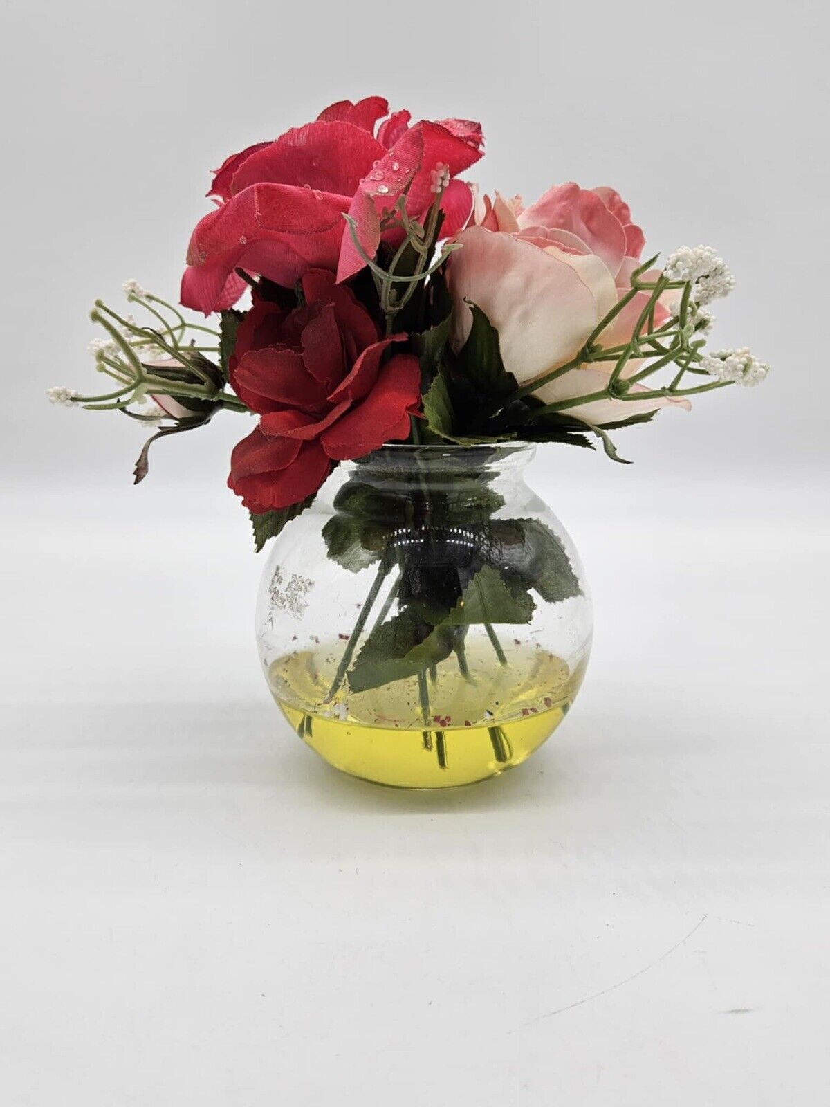 Flower Display Faux Pink Roses in Glass Rose Bowl Ornament Resin Water