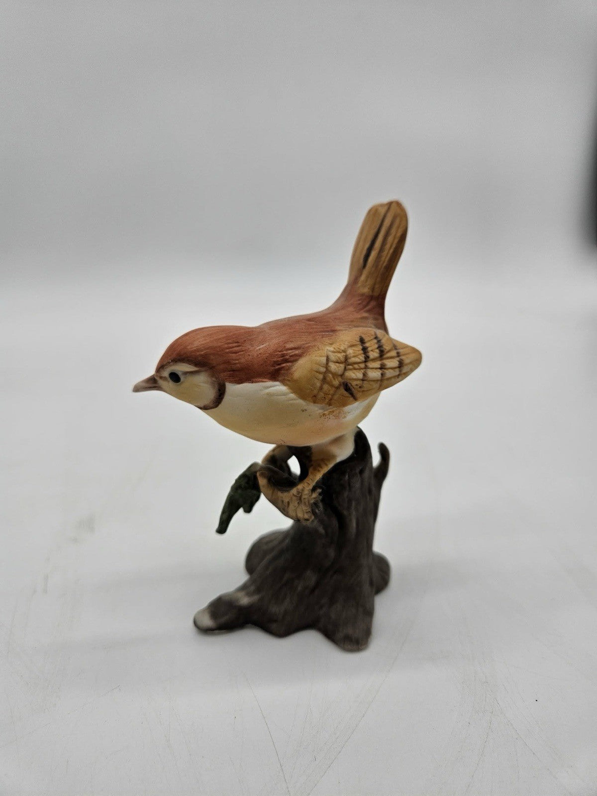 Vintage Made in Taiwan Wren Bird Figurine on Tree Stump • 3⅞" Tall