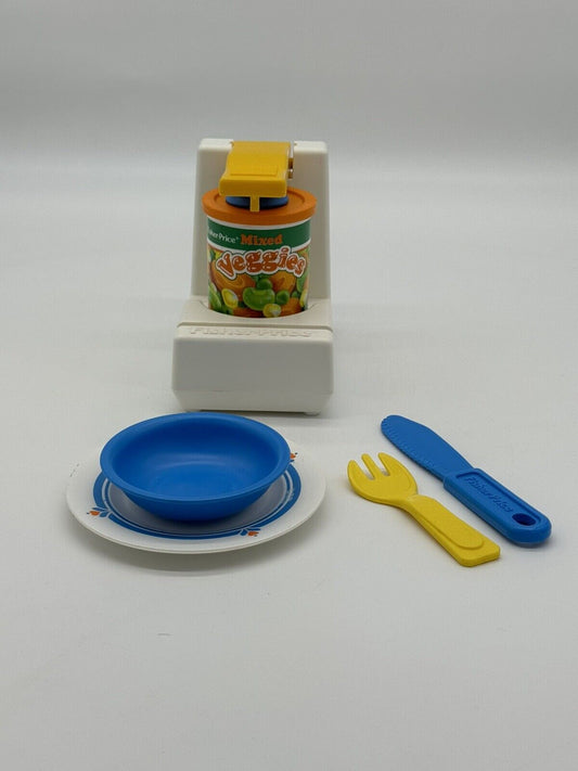 1987 FISHER PRICE Play Food CAN OPENER Set Fun With Food Kitchen Cooking Vintage