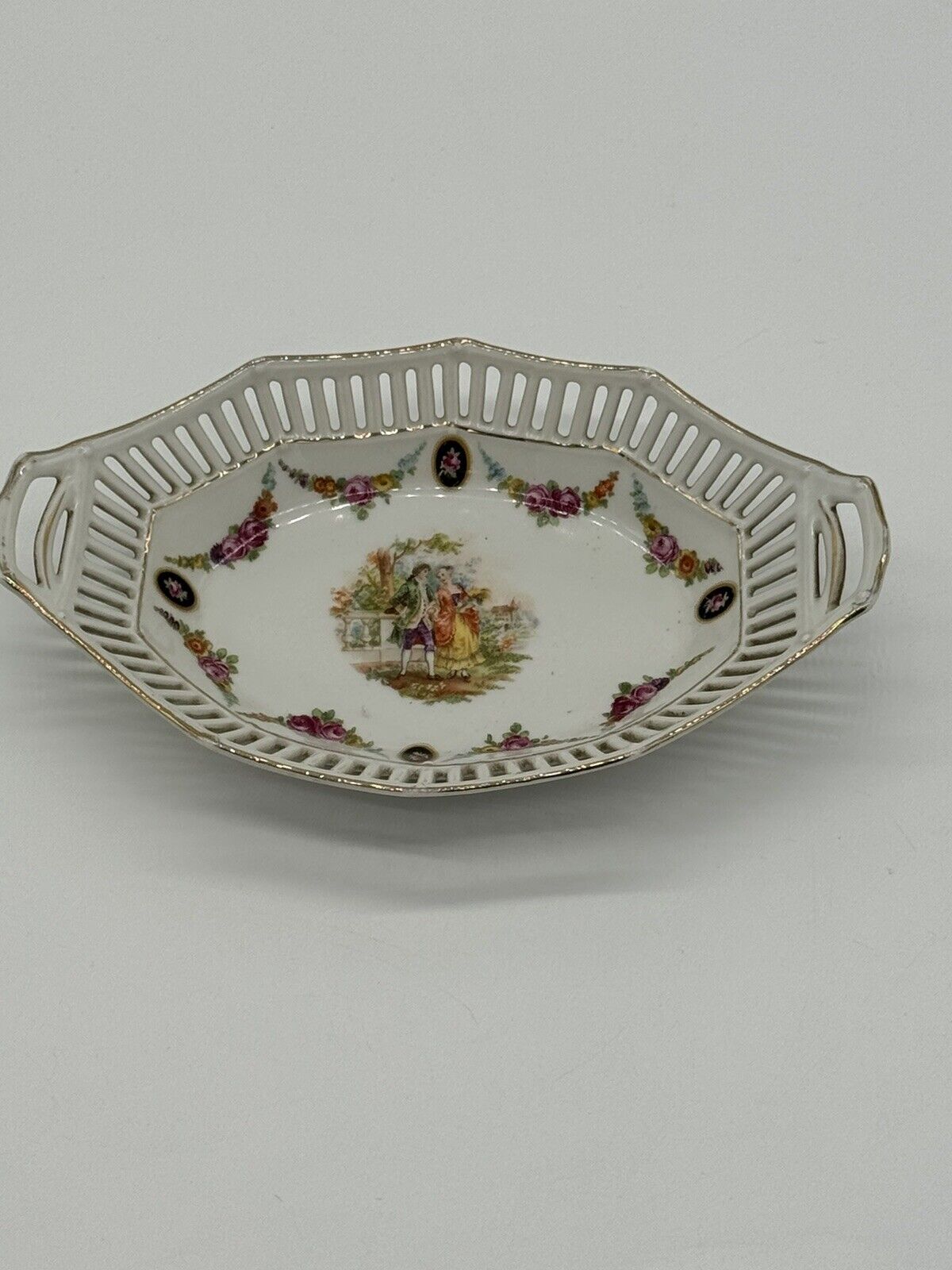 Reticulated German Porcelain Dish White With Gold Trim & Handles Stamped