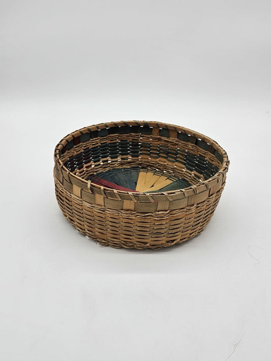 Round Decorative Woven Wicker Basket w/ Multicolored Weaves