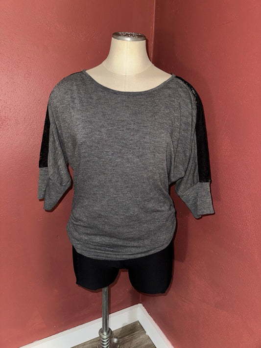 IZ BYER Grey Ribbed w/ Black Laced Top ~ Sz M