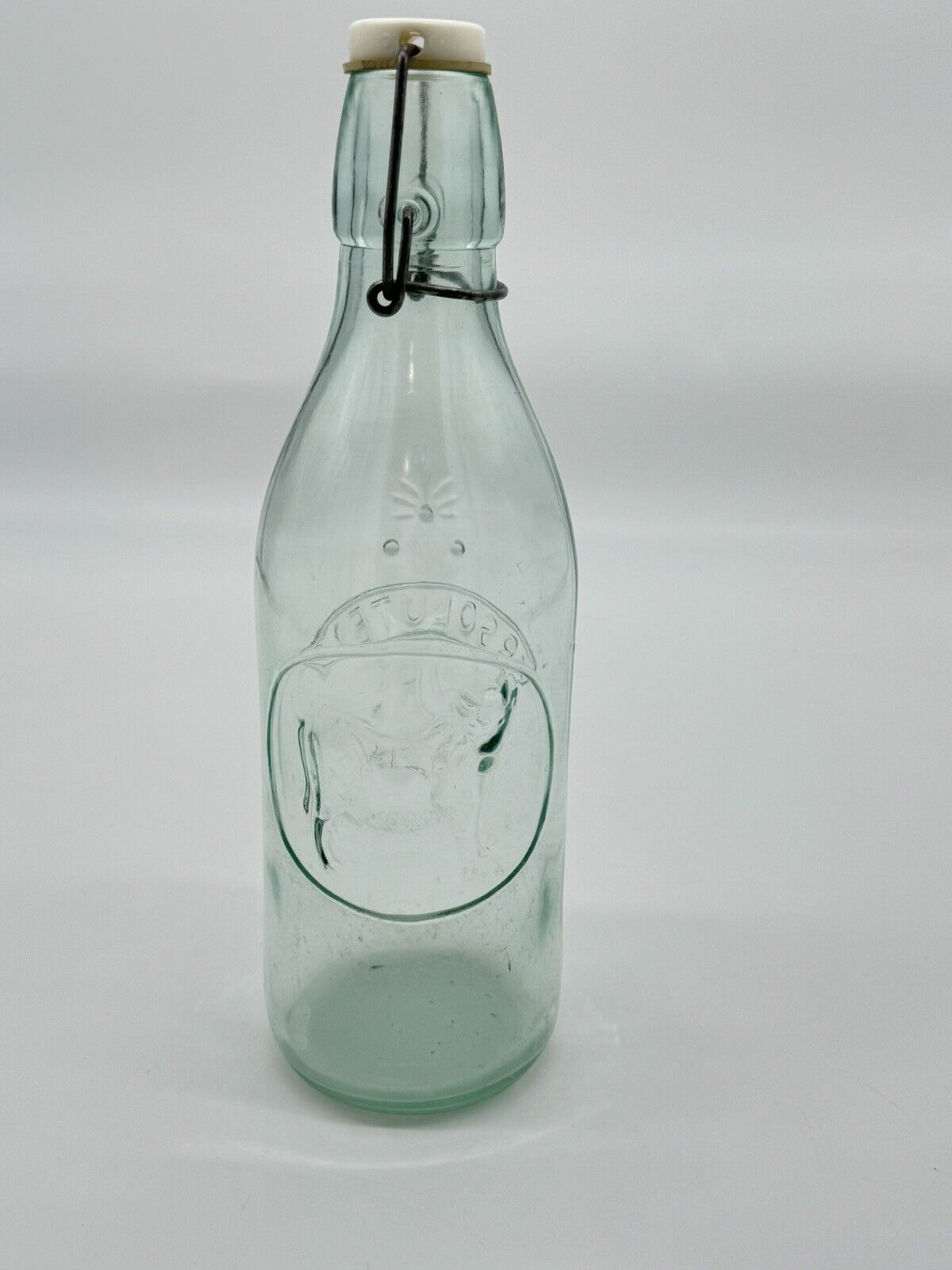 Vtg Absolutely Pure Milk Clear Glass Bottle Wire Rubber Stopper 3D Cow 11.5"