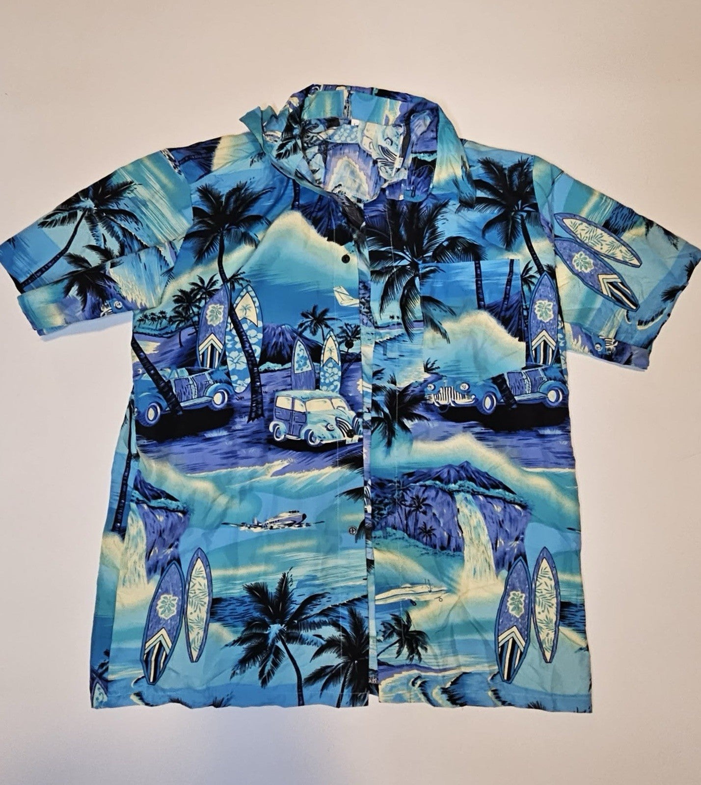 Vintage Style Blue Hawaiian Shirt Surf Beach Scene Button Up Men’s Sz L