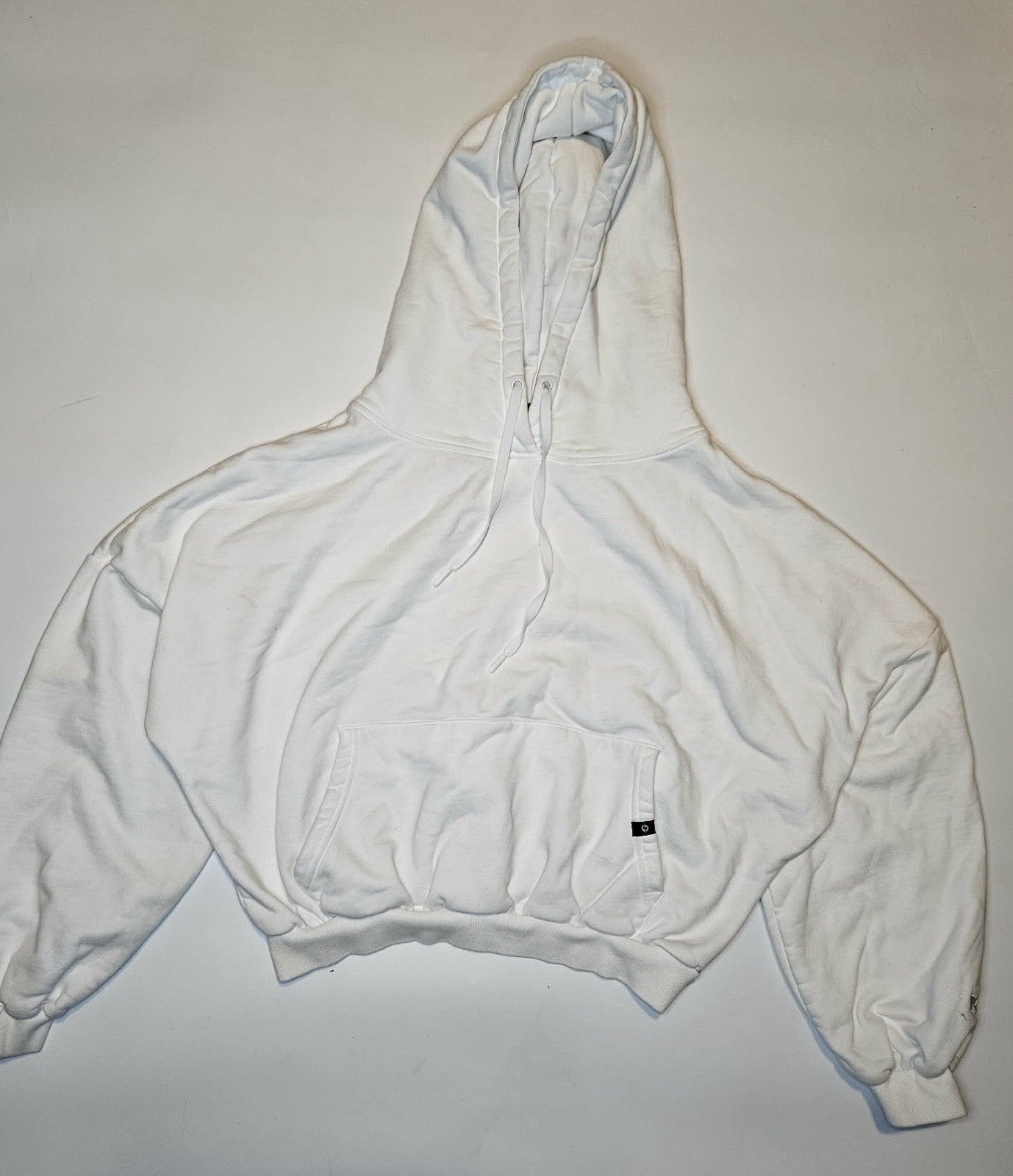 POPFLEX Oversized White Cropped Pullover Hoodie Drawstring Waist Size S/M