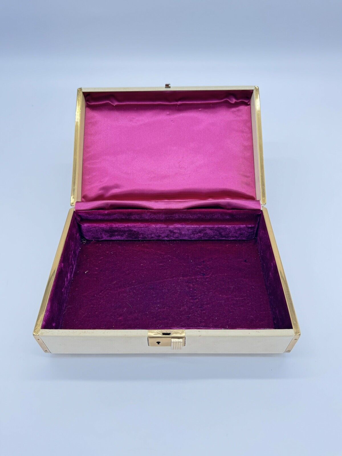 Vintage Farrington Jewelry Box Genuine Texol Cream & Burgundy Lining 10x6