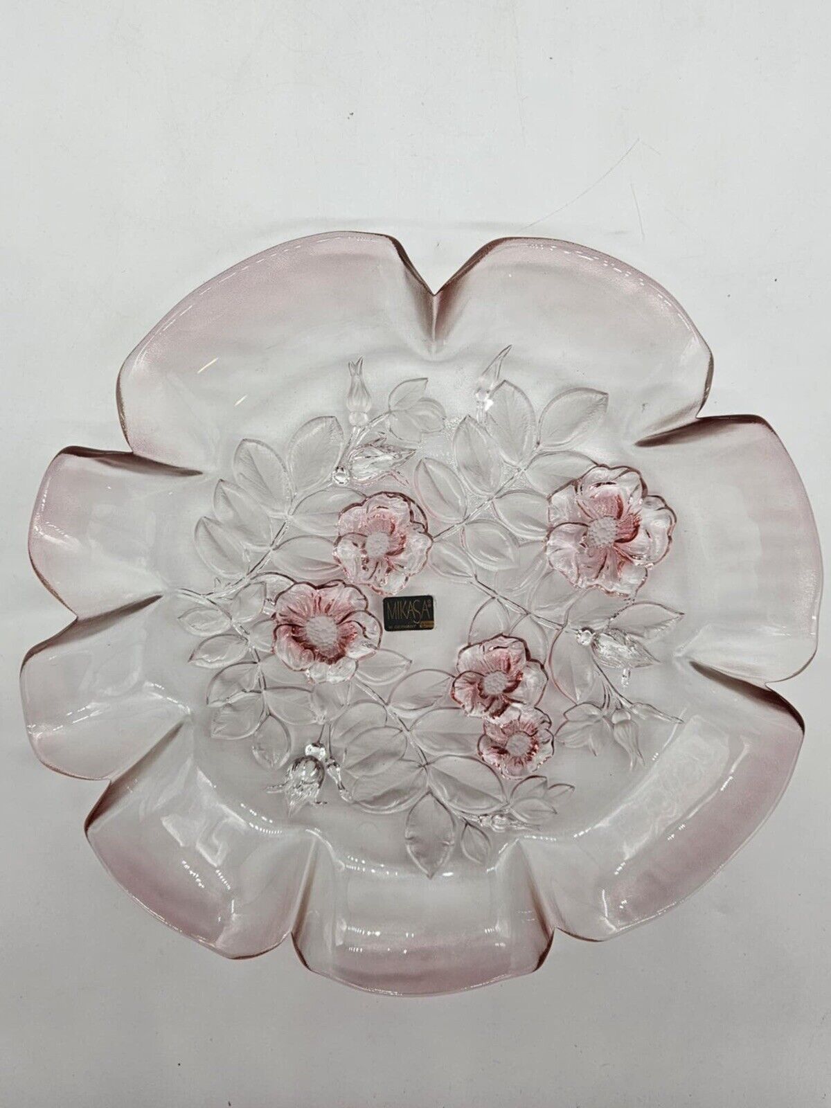 NEW Vtg Mikasa Rosella Ruffled Edge Pink Glass Tray Embossed Roses 13" x  1.5”