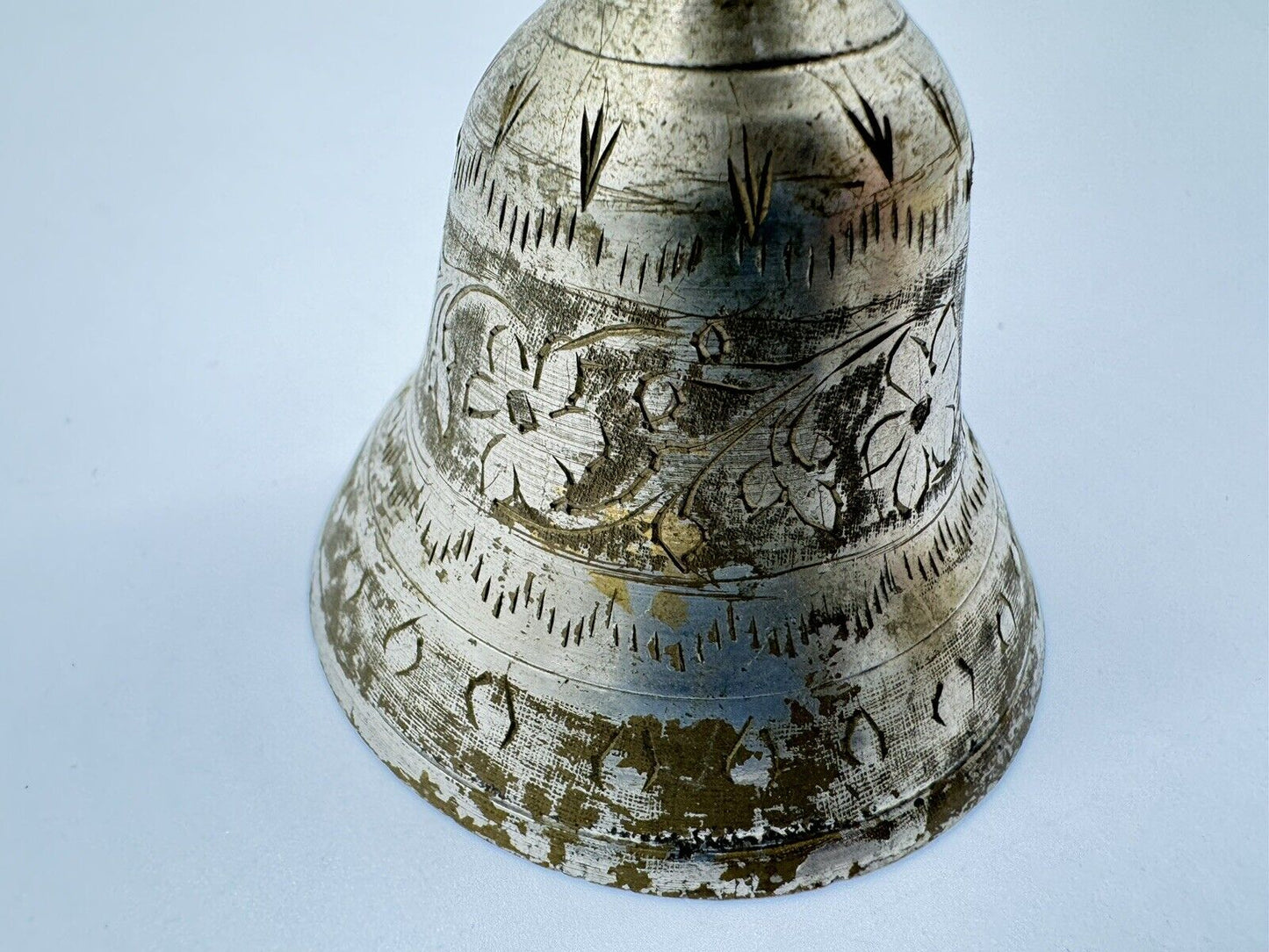 Vintage Candle Holder Bell Service Ringer Etched Metal Silver Patina 4" India