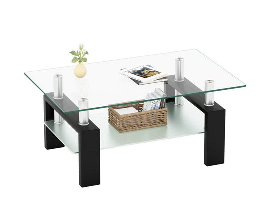2-Tier Glass Coffee Table Living Room w/ Storage Shelves Tea Table Living Room