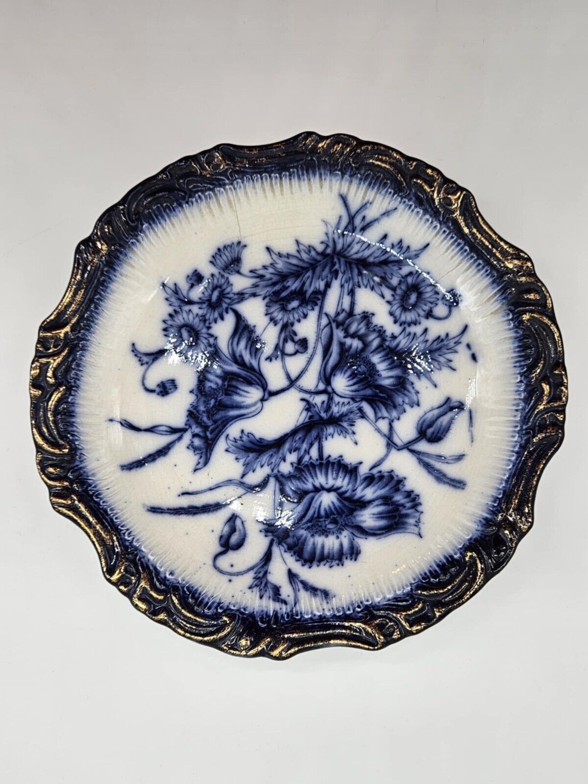 Antique Victorian Beautiful Flow Blue Poppies  Plate RD No 310363