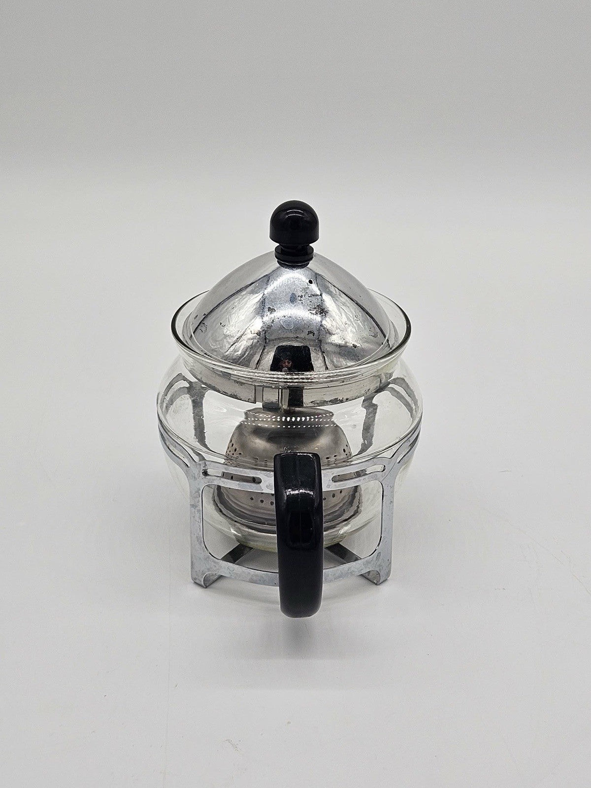Vintage Glass Teapot Warmer Set Tea Infuser Stand Chrome Frame