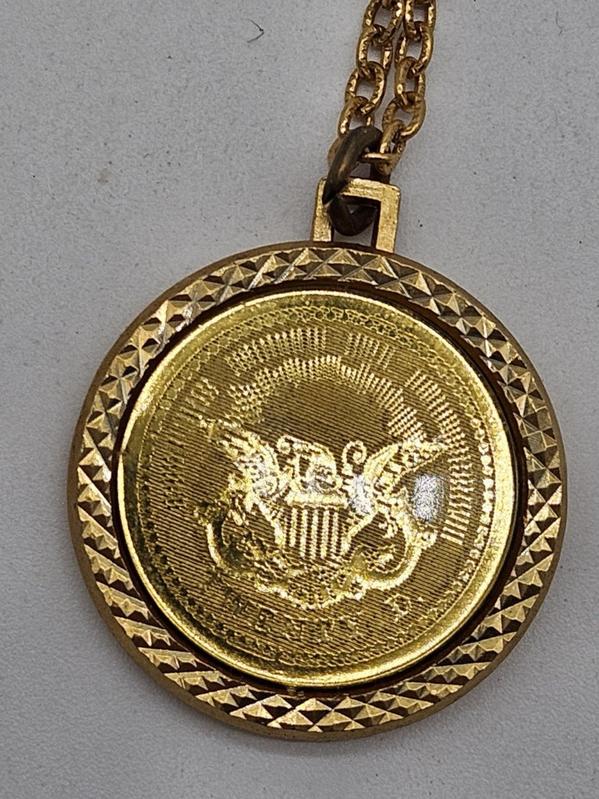 Vintage Necklace 1776 Gold Tone Coin Double Sided Pendant Hangs 13”