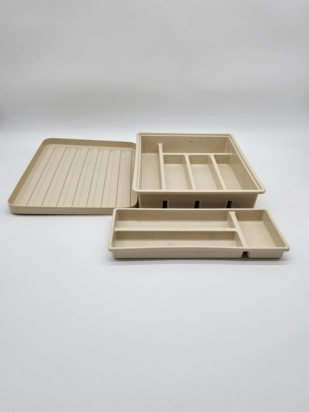 Vintage Beige Plastic Drawer Organizer Set Modular Desk Kitchen Utensil Tray