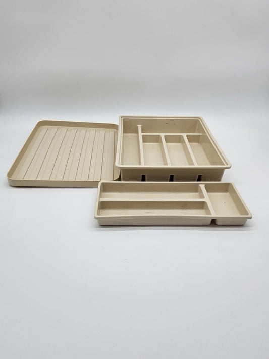 Vintage Beige Plastic Drawer Organizer Set Modular Desk Kitchen Utensil Tray