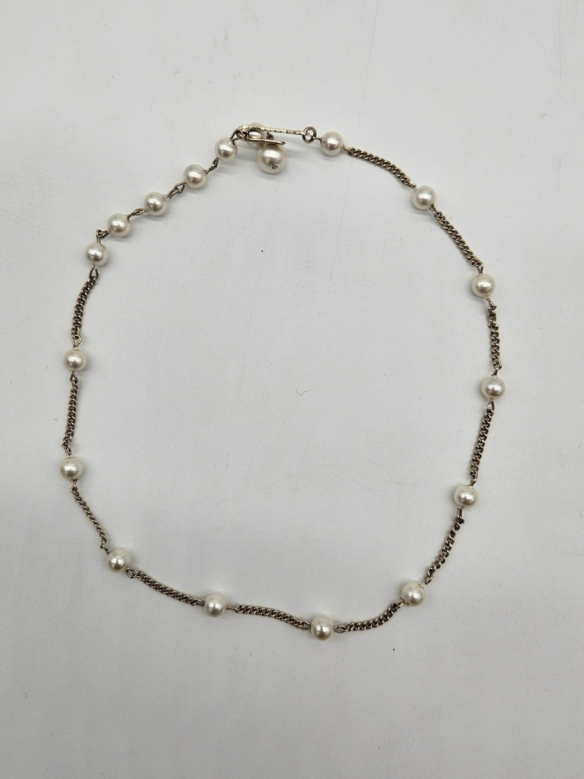 Vintage 7x8MM Freshwater Pearl Gold Tone Chain Station Necklace 16" L.