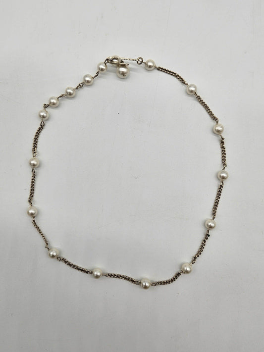 Vintage 7x8MM Freshwater Pearl Gold Tone Chain Station Necklace 16" L.