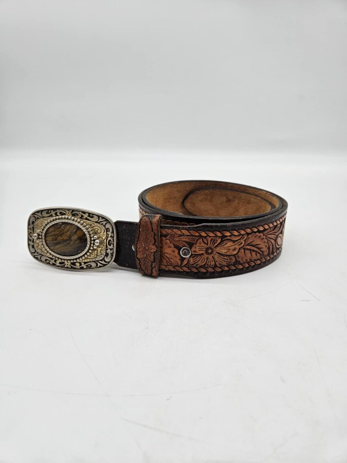 Vintage 1970s Classic Western Mounted Stone Belt Buckle + Tooled Leather Belt 38