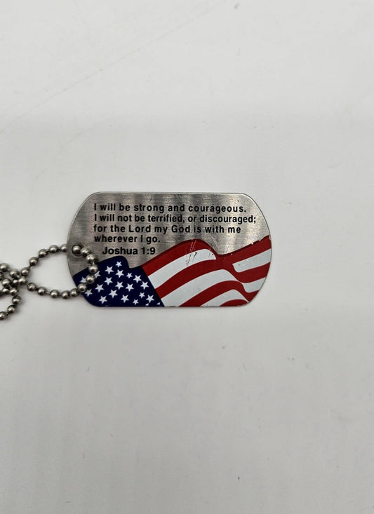 Joshua 1:9 American Flag Scripture Dog Tag Necklace