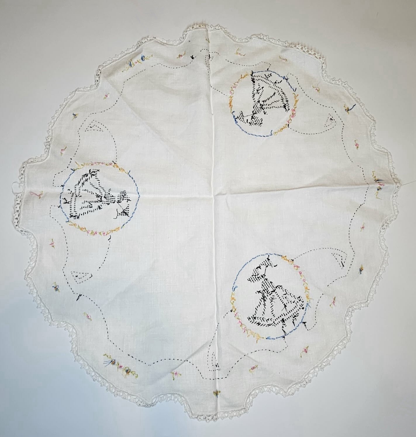 Vintage Hand Embroidered Linen Doily Round Table Scarf Lace Edge Crinoline Lady