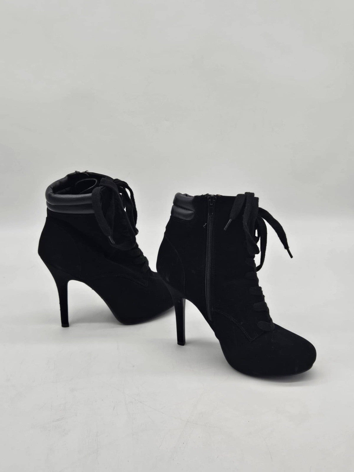 Andiamo High Heel Booties Black Size 9 Faux Suede Zipper Lace up Stiletto