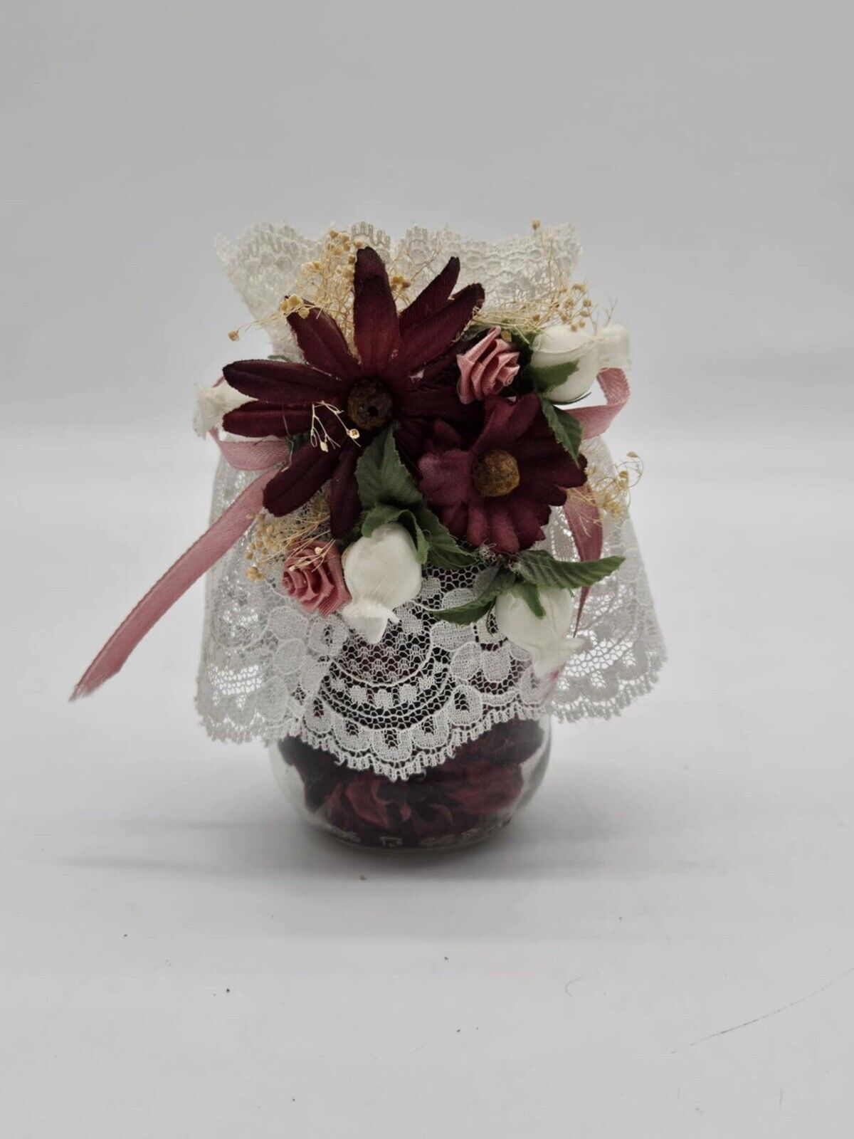 Hand Crafted VTG Glass Jar Filled w/ Potpourri  Crocheted Top Burgundy Flowers