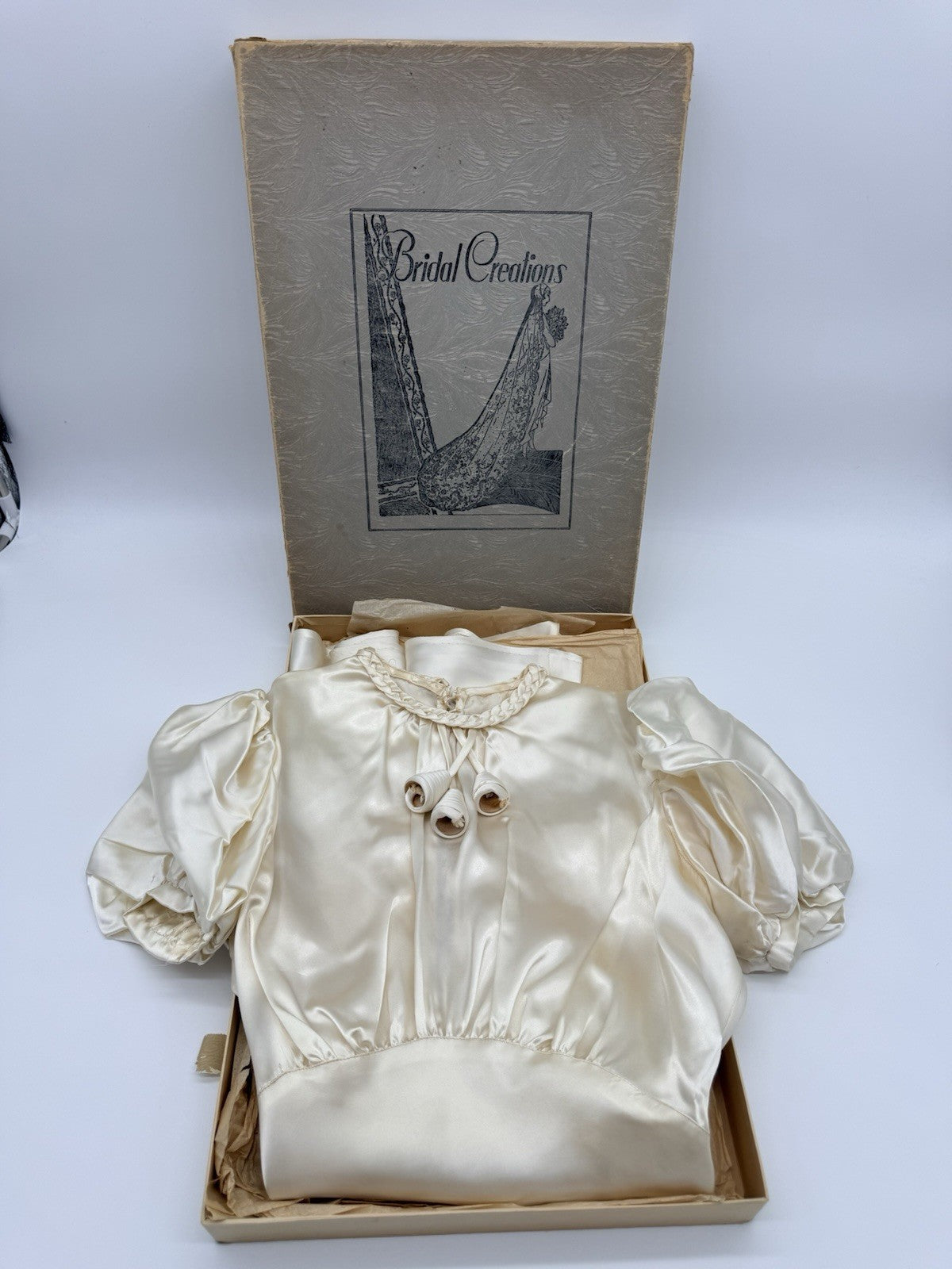 1930s Vintage Ivory Satin Gown w/ Puff Sleeves & Button Back ~ Art Deco Bridal