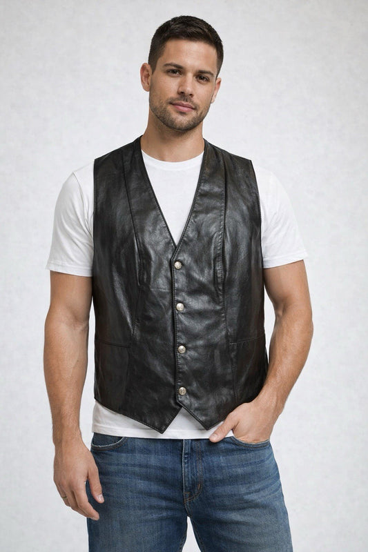 Vintage WILSONS Leather Experts black snap button biker vest men L