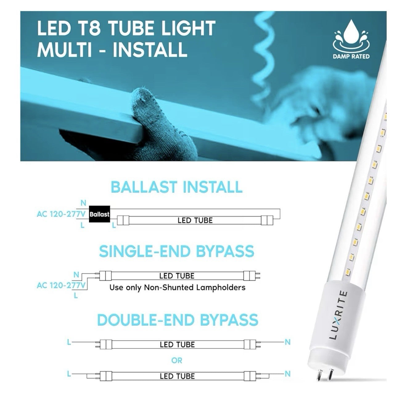 12-Pack Luxrite 4ft LED Tube Lights 1800 Lumens 3000K Warm White (13W)