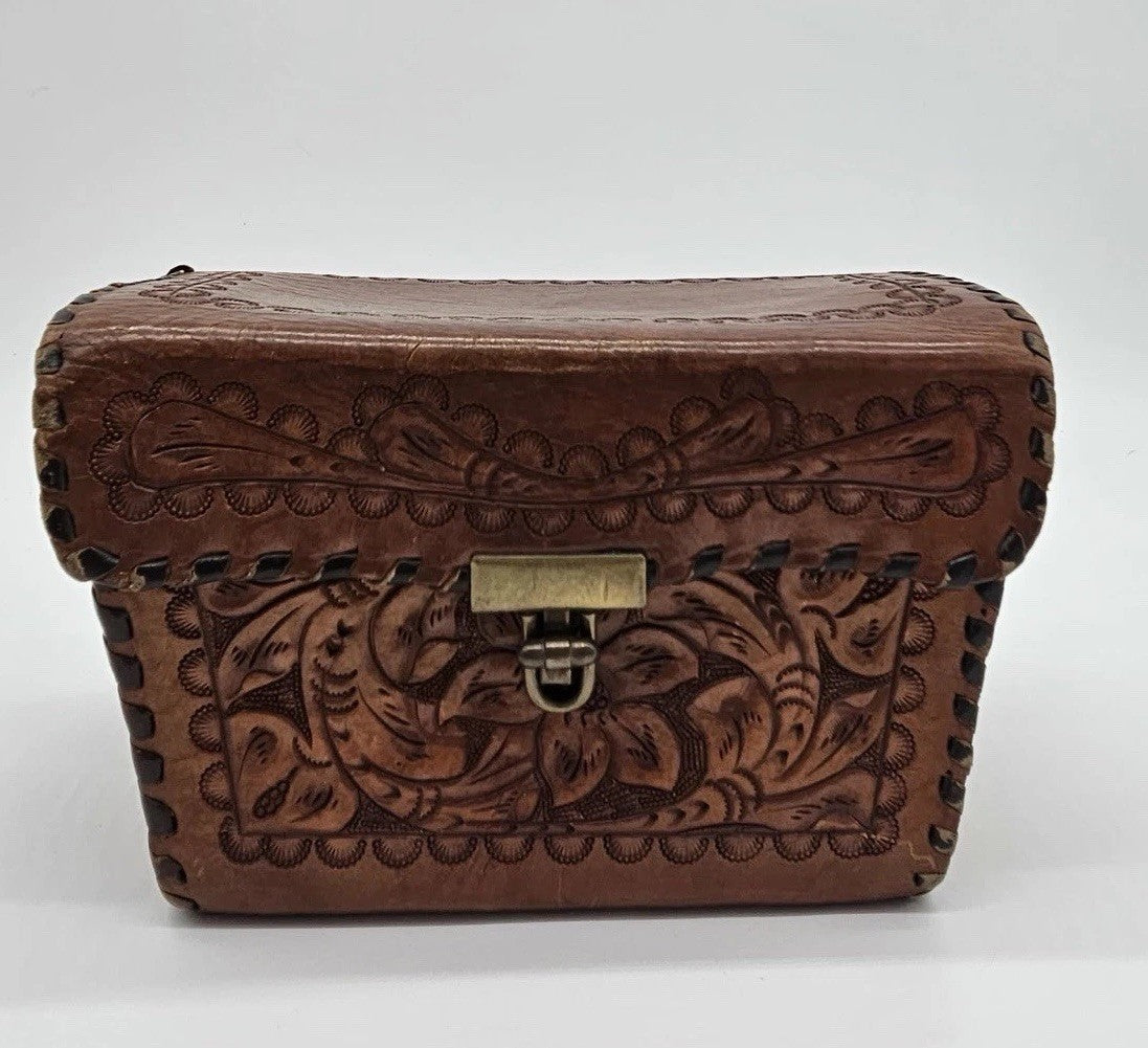 Vintage Brown Mexican Leather Purse Handbag Hand Tooled Embossed Original