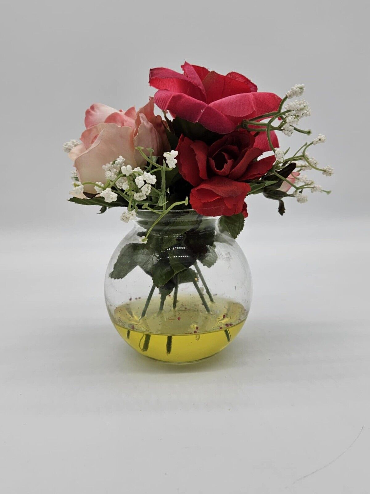 Flower Display Faux Pink Roses in Glass Rose Bowl Ornament Resin Water