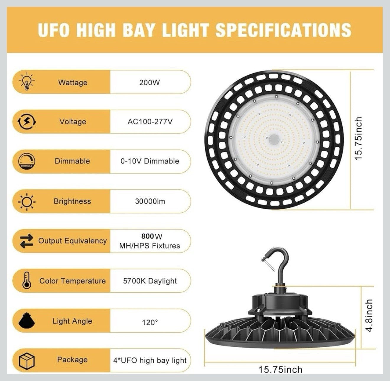 JC-LGL LED UFO High Bay LED Lights 200W 5700K 4Pack Dimmable High Bay Shop Light